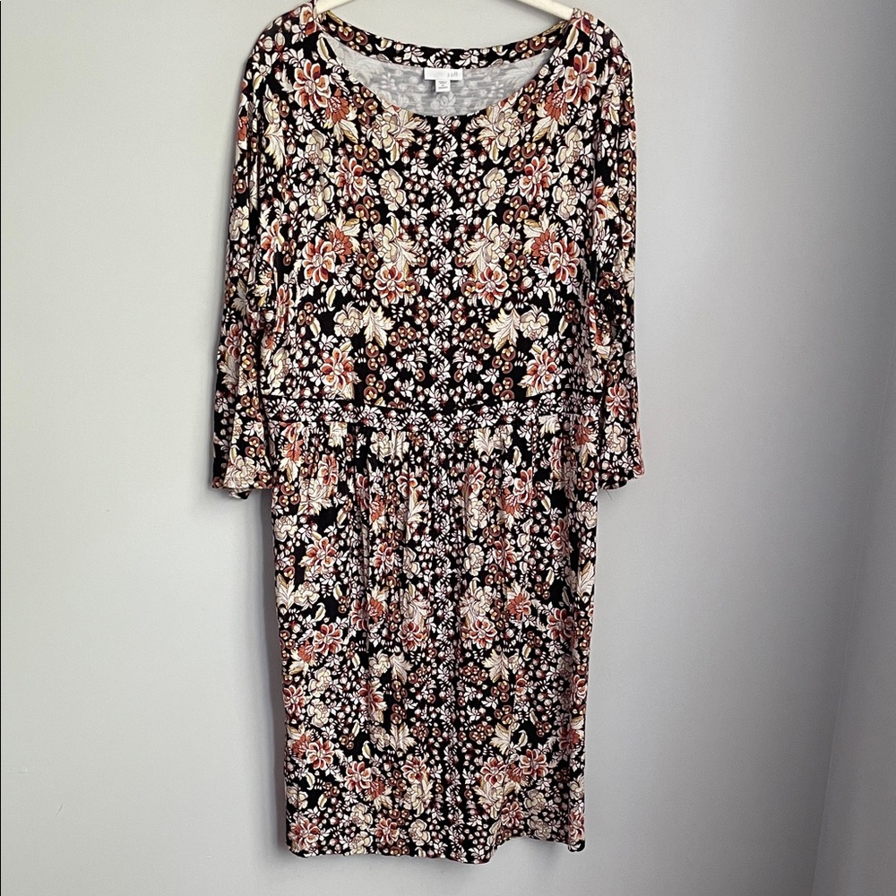 J. Jill Black & Tan Floral Print Stretchy Pullover Dress Size 1X